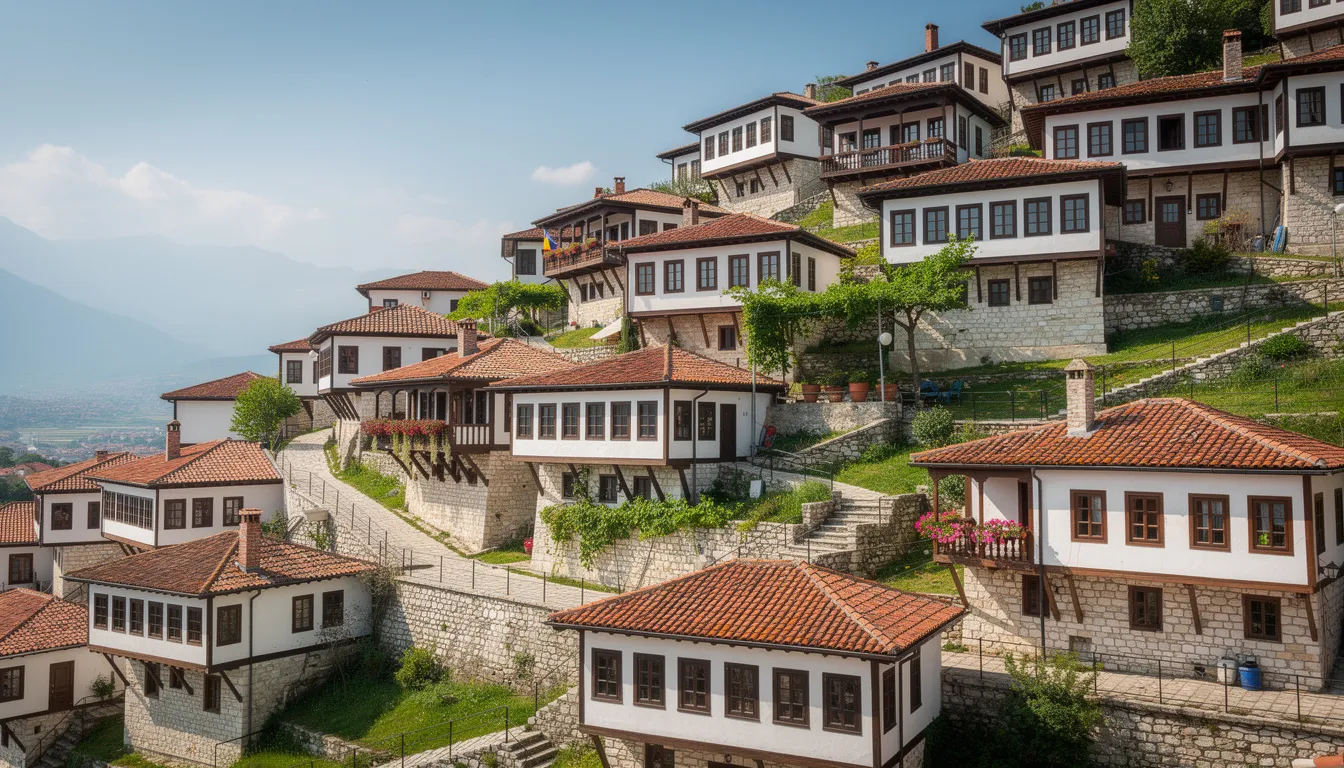L'image montre des maisons blanches traditionnelles de la vieille ville de Berat, perchées sur une colline, offrant un aperçu de l'architecture historique de l'Albanie. Ce paysage pittoresque, avec ses ruelles étroites et son ambiance charmante, invite à explorer la culture et l'histoire de cette destination unique.