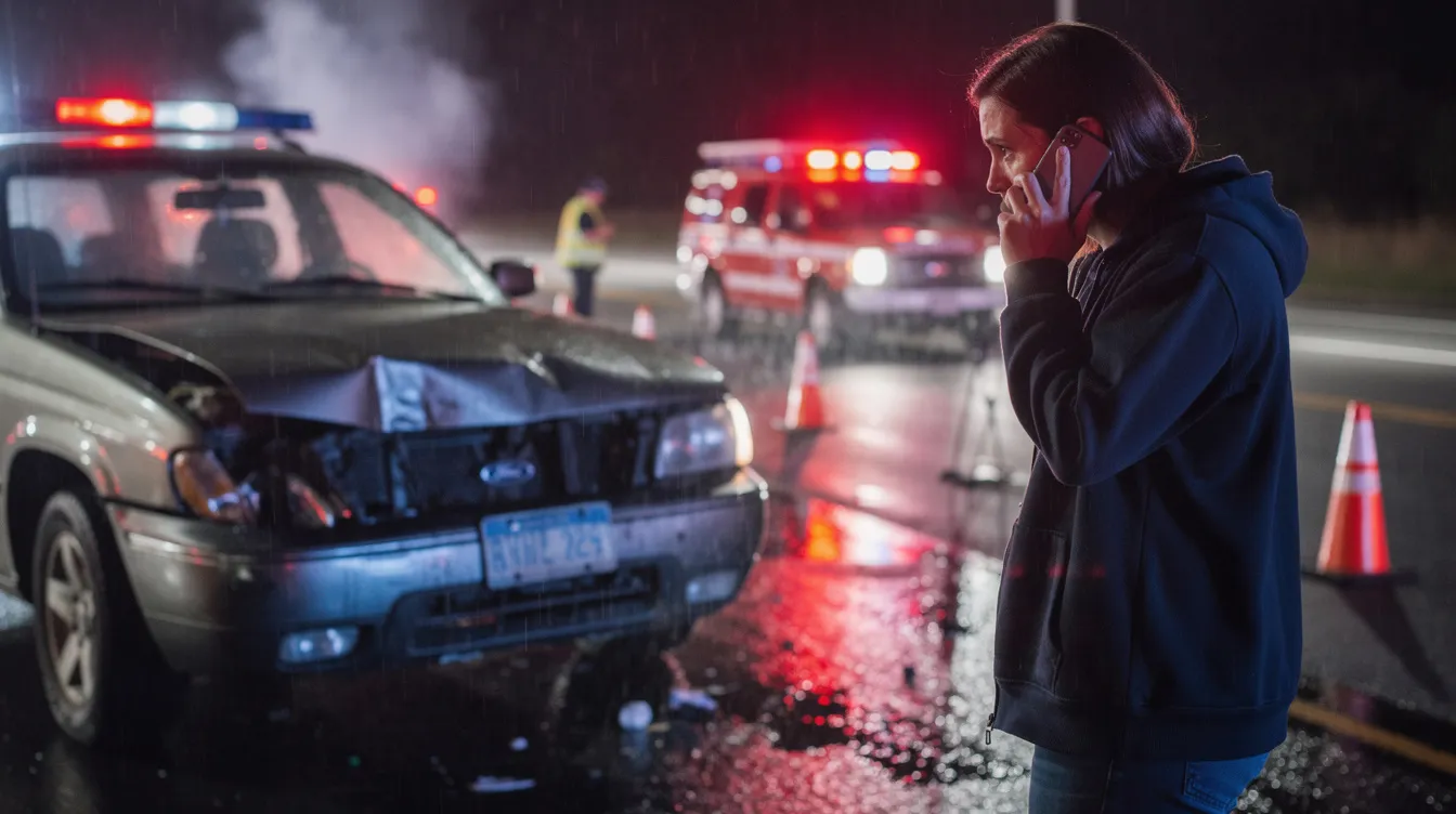 A person is standing next to a rideshare vehicle at an accident scene, engaged in a phone conversation, likely discussing the details of the incident with their rideshare accident lawyer. The scene suggests a serious rideshare crash, highlighting the importance of understanding insurance coverage and potential claims related to the accident.