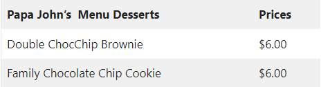 Papa John Dessert prices