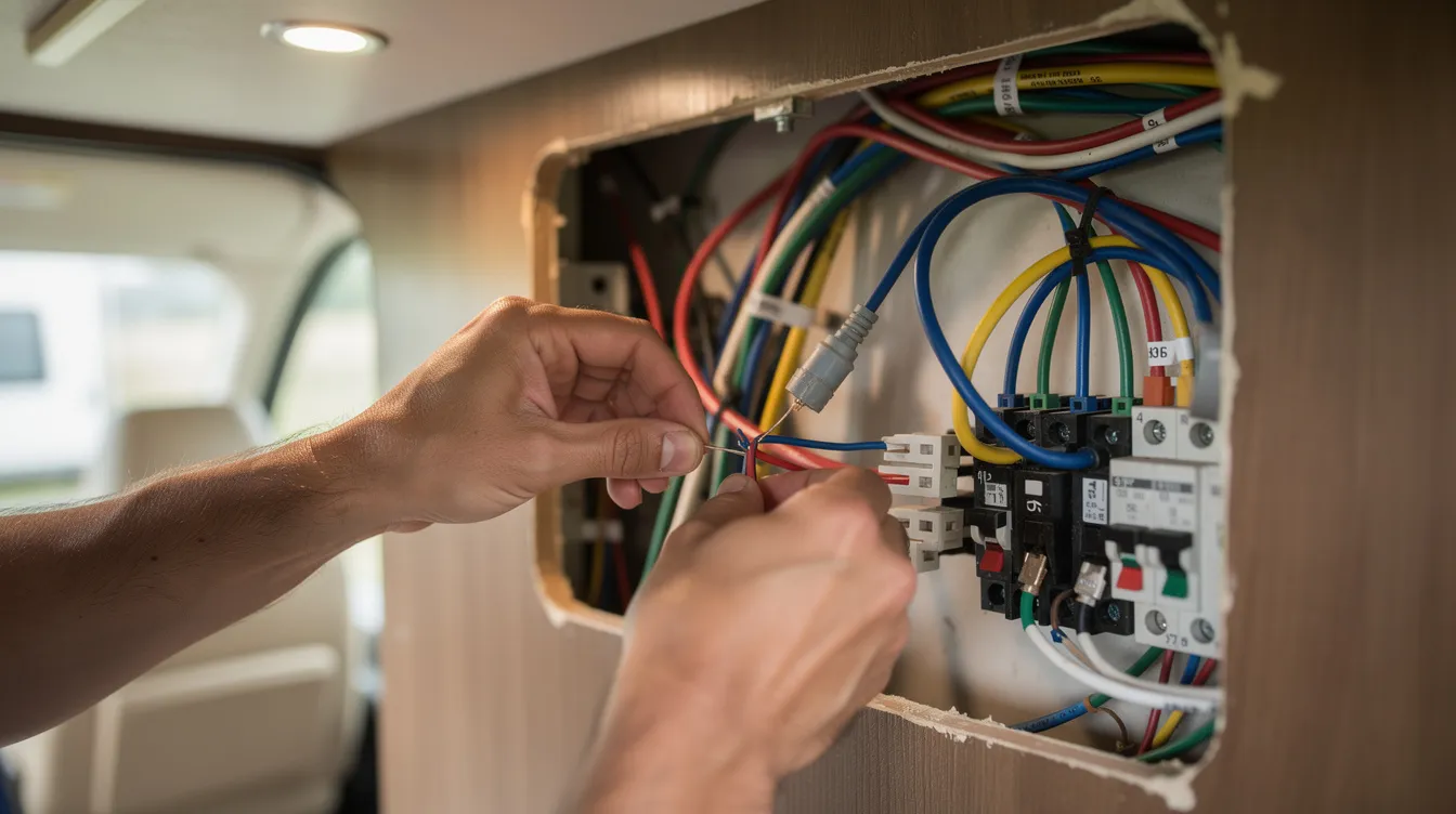 A pair of hands is skillfully working with colored electrical wires behind a wall panel inside a recreational vehicle, likely preparing to install a new thermostat for precise temperature control of the RV's heating and cooling systems. The scene suggests a focus on upgrading to modern, efficient equipment to enhance climate control within the camper.