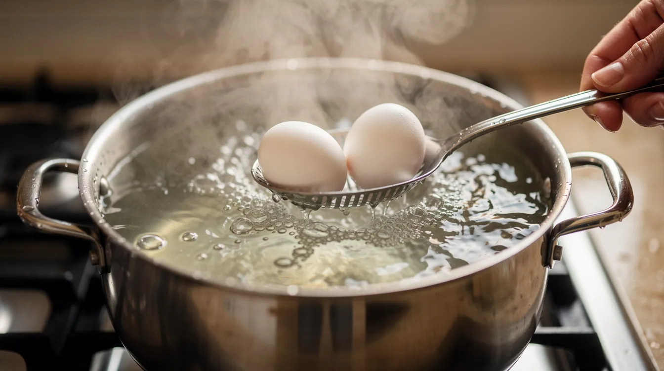 A large pot of boiling water is shown with room temperature eggs being gently lowered in using a slotted spoon, illustrating the cooking process for perfect soft boiled eggs. This step is essential for creating delicious ramen eggs, often marinated in a soy sauce and mirin mixture for added flavor.