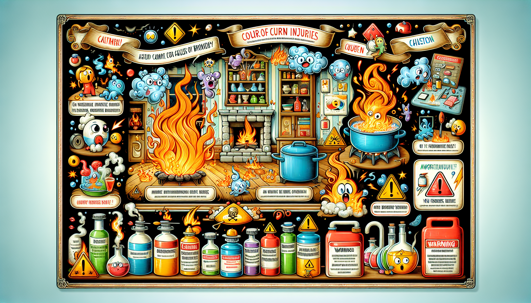 An illustration of common causes of burn injuries, including thermal and chemical sources.