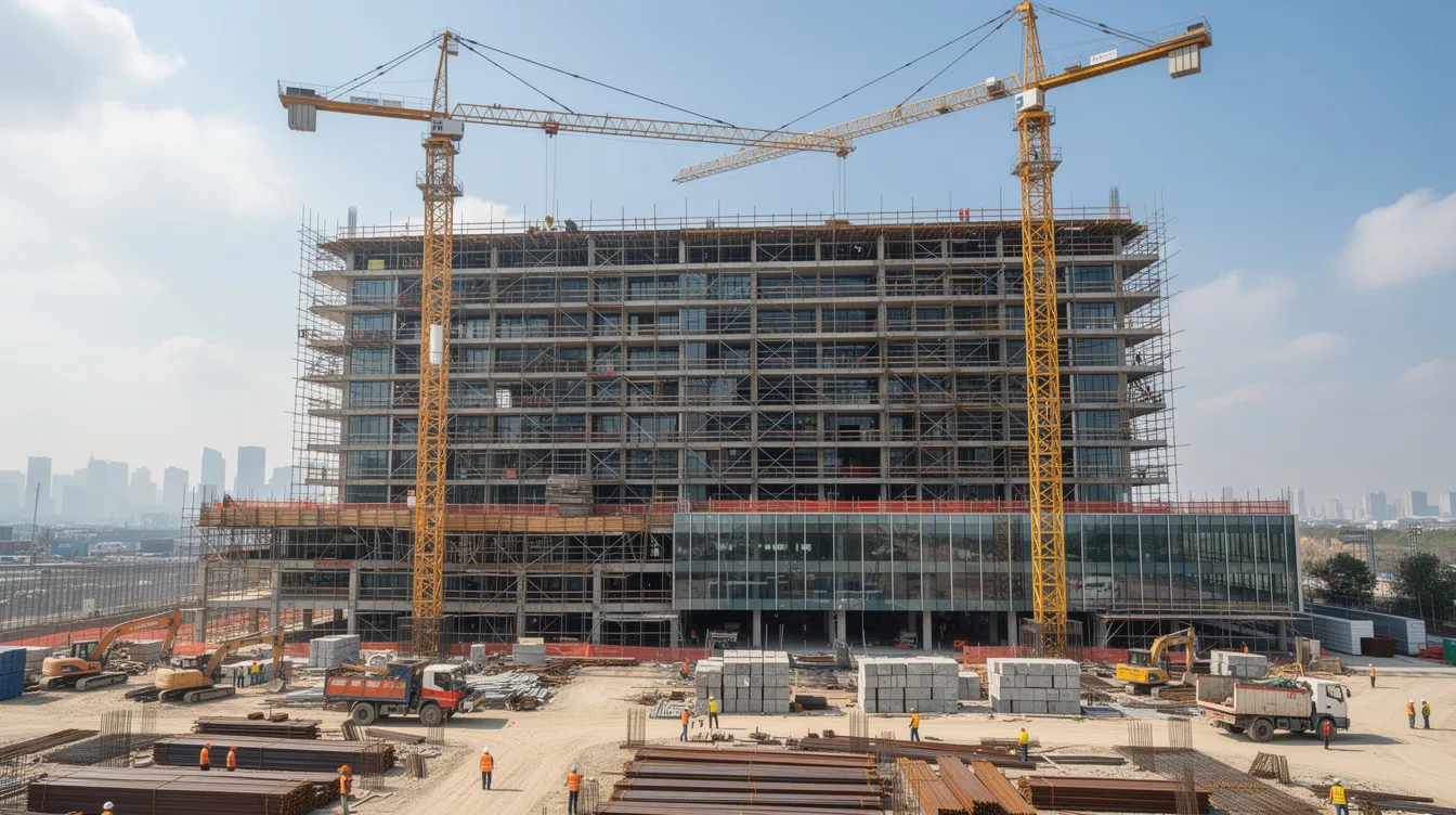 The image depicts a bustling construction site for a large modern hotel building, featuring cranes and scaffolding, indicative of a significant hotel project in the hospitality sector. This scene highlights the ongoing development and financial investment required for successful hotel financing and project finance in the hotel industry.