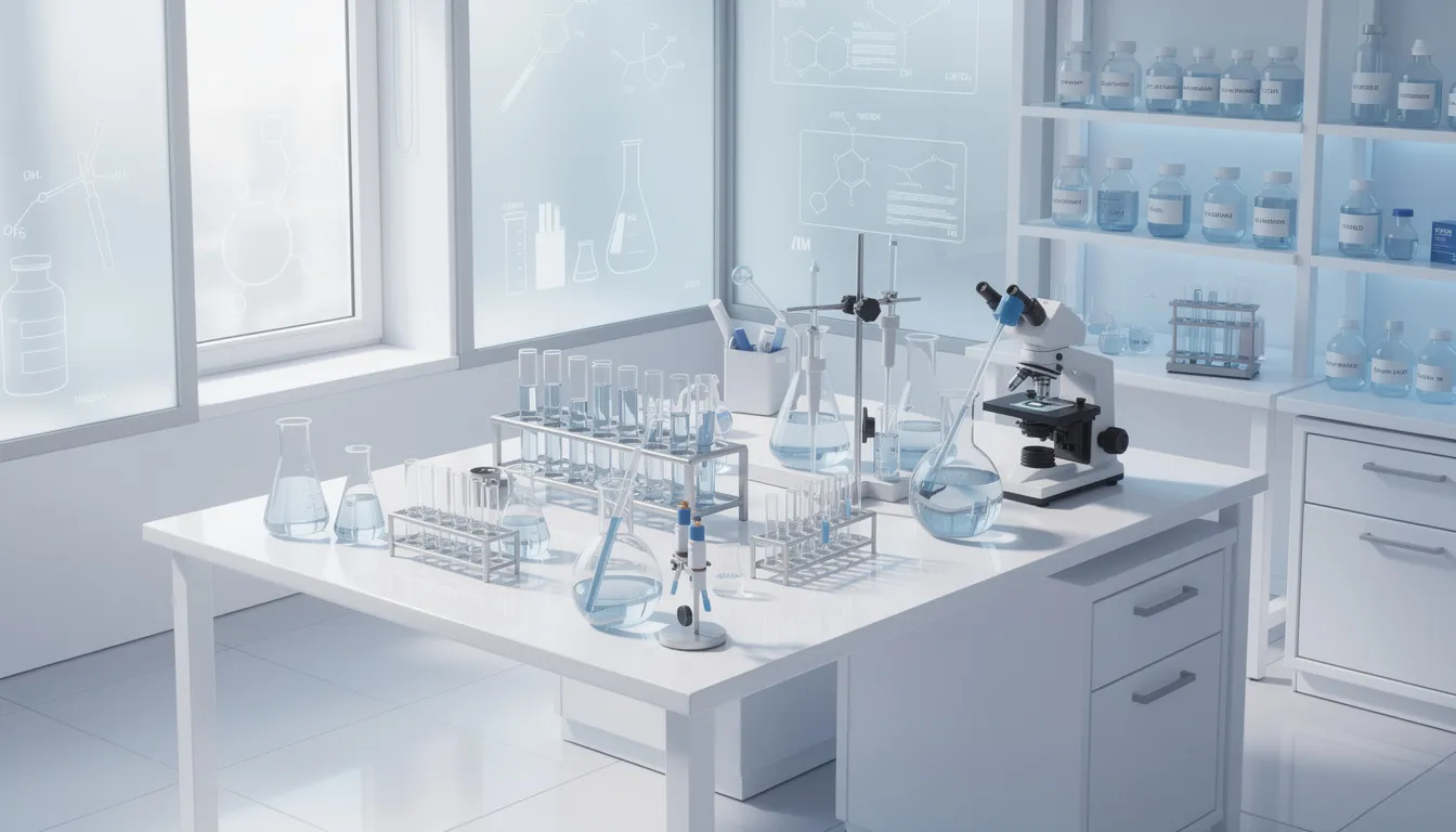 The image depicts a modern scientific laboratory featuring a clean desk adorned with various test tubes and research equipment, symbolizing the exploration of nmn supplements and their potential benefits for metabolic health and human health. The setting reflects a focus on advancing research related to nicotinamide adenine dinucleotide and its implications for aging and insulin sensitivity.