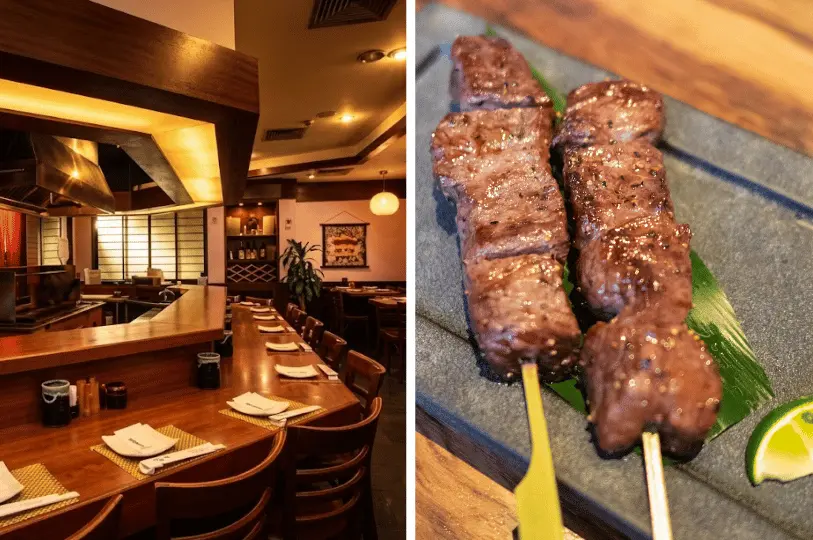 A split image showing a classic Japanese izakaya interior with a curved wooden bar and open grill on the left, contrasted with a macro shot of thick, juicy grilled beef skewers served on a dark slate plate with a lime wedge on the right.