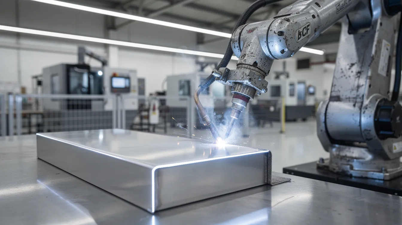 The image depicts a robotic welding arm expertly performing precise welds on an aluminum sheet metal enclosure within a modern factory setting. This advanced technology highlights the capabilities of precision sheet metal fabrication services, showcasing the integration of automation in the production process for high volume and custom sheet metal parts.