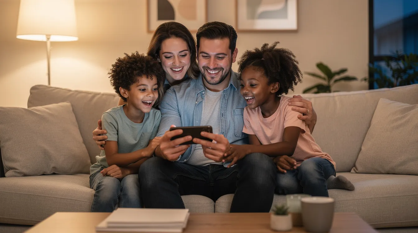 A joyful family is gathered in their living room, looking at a phone together with smiles on their faces, capturing a moment of happiness. This scene reflects the ease of sending money to Pakistan through the Remitly app, showcasing the connection between loved ones across distances.