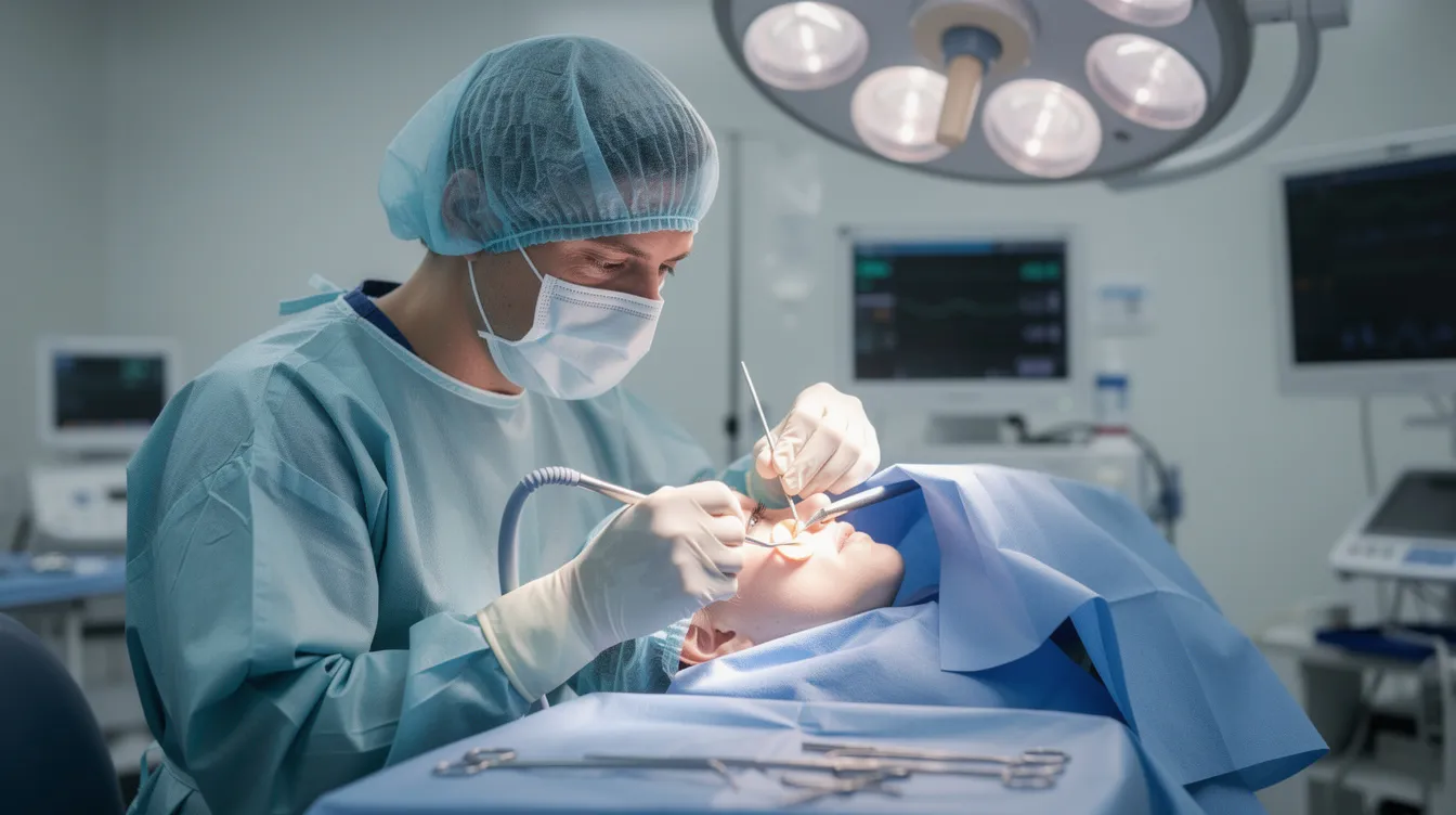In a surgical setting, a medical professional is performing an upper eyelid blepharoplasty procedure, focusing on the delicate area near a patient's eye to correct hooded eyes and remove excess upper eyelid skin. The patient is positioned comfortably, and the atmosphere is sterile and professional, highlighting the precision involved in eyelid surgery.