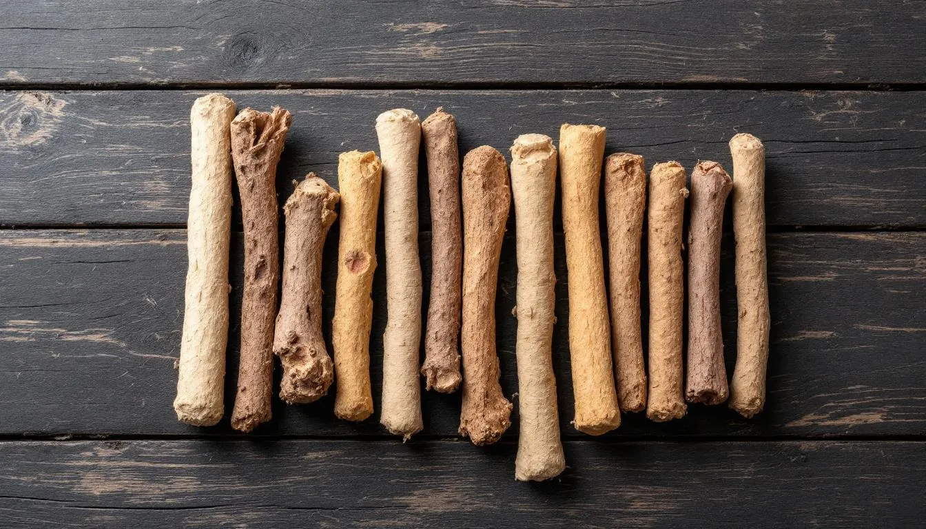 The image displays a variety of bully sticks of different sizes neatly arranged on a wooden surface, showcasing high-quality natural dog chews ideal for pet owners. These odor-free bully sticks are perfect for dogs, offering long-lasting enjoyment and supporting dental health for both aggressive chewers and teething puppies.
