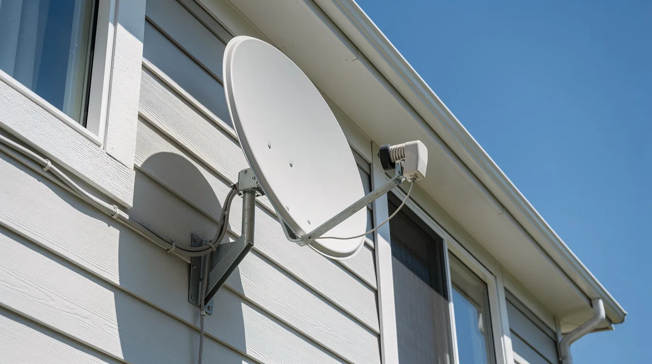 A satellite dish is mounted on the side of a residential home against a backdrop of a clear blue sky, showcasing a typical DSTV installation. This setup ensures strong reception for uninterrupted viewing of various channels, highlighting the importance of professional DSTV installation services in the Helderberg region.