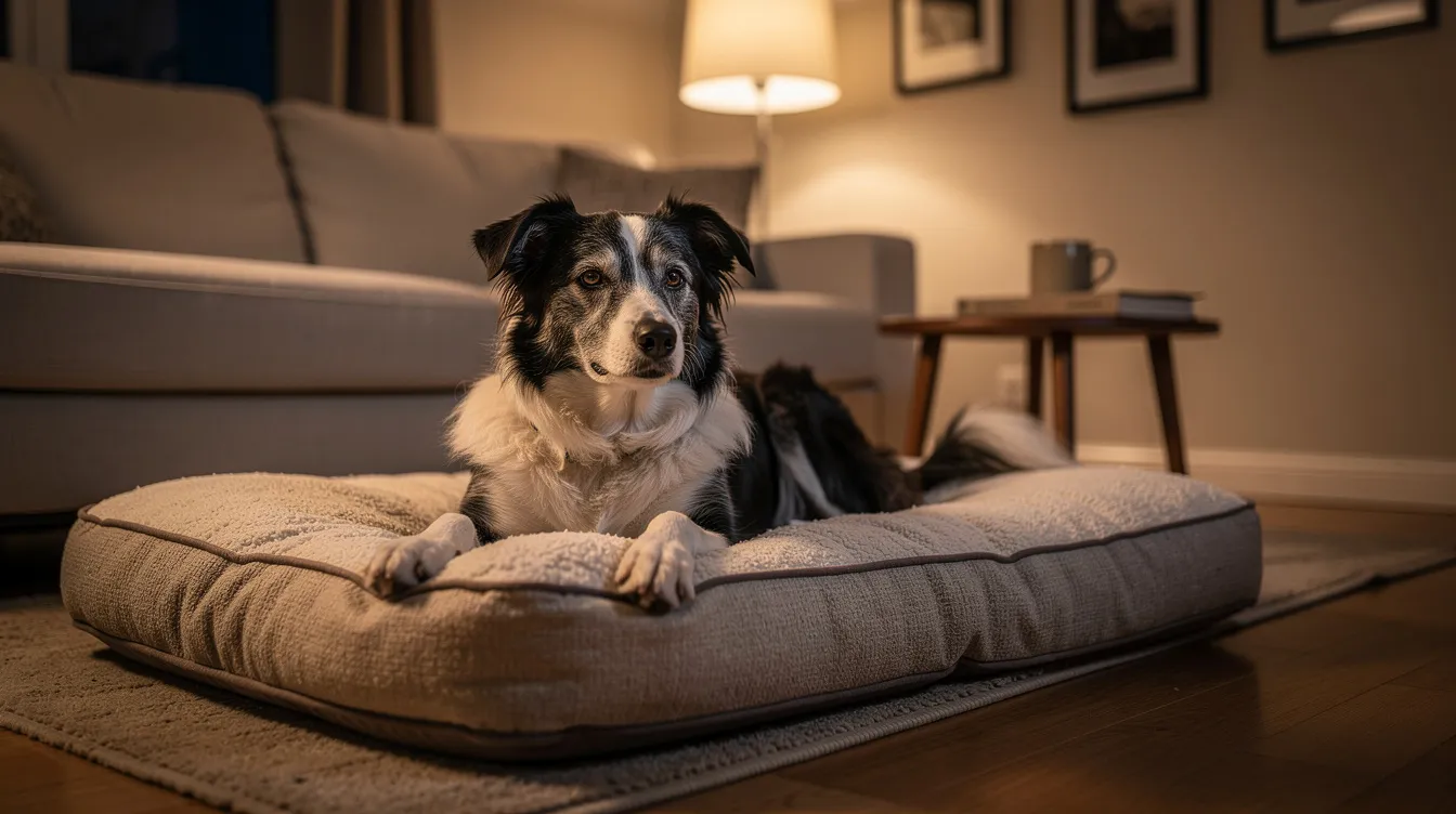 An older Border Collie is resting comfortably on a padded dog bed in a warm living room, showcasing the importance of joint comfort and support for arthritic dogs. The serene setting highlights the need for veterinary care and dietary support, such as boswellia for dogs, to soothe sore stiff joints and enhance their overall quality of life.