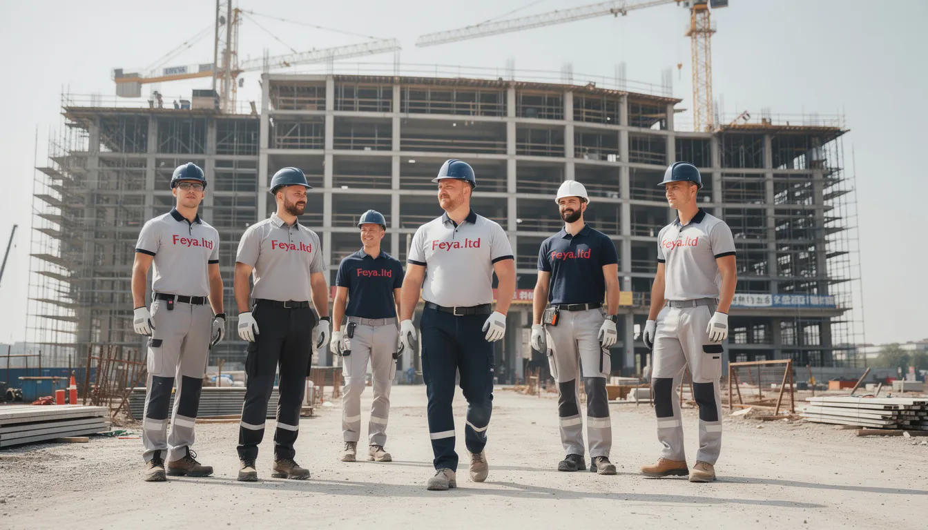 Строителни работници на строителна площадка, облечени в лятно работно облекло от Feya