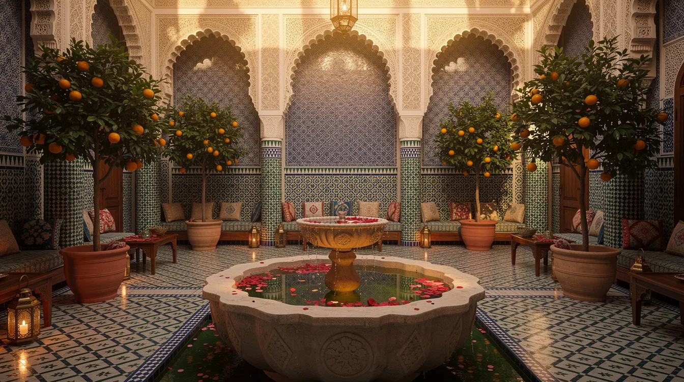 The image features a stunning traditional Moroccan riad courtyard, showcasing a central fountain surrounded by intricately tiled walls and vibrant potted orange trees, embodying the local culture and charm of Morocco. This serene setting is a perfect spot to relax and explore the beauty of Moroccan architecture during your visit to Morocco.