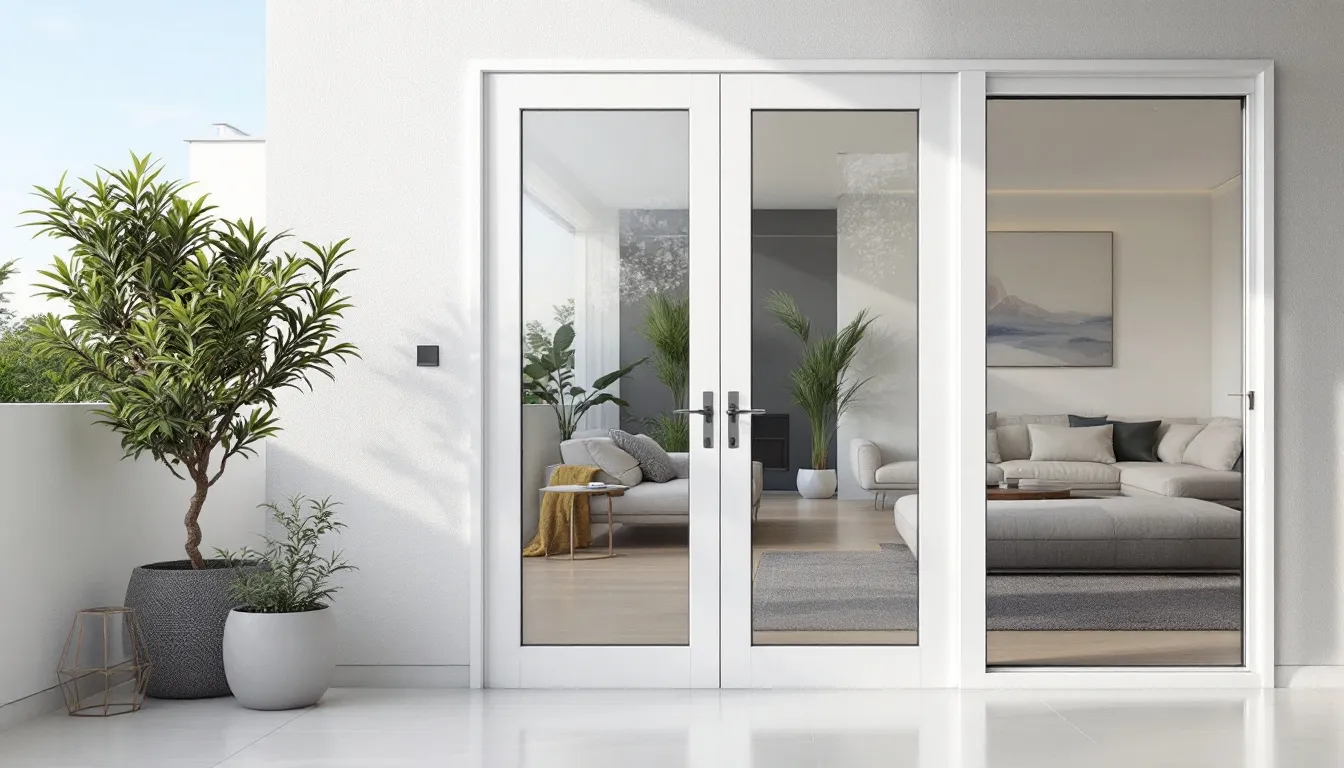 Die moderne weiße Kunststoff-Terrassentür mit großer Glasfläche öffnet sich elegant zu einer Terrasse und bietet einen hellen Zugang zum Garten, ideal für zeitgenössische Wohnhäuser. Diese Balkontür aus Kunststoff vereint ansprechendes Design mit Funktionalität und Energieeffizienz.