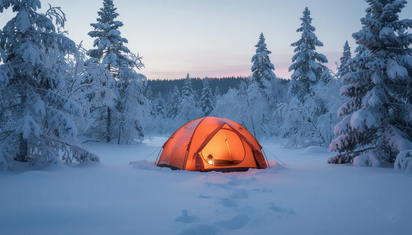 A vibrant orange tent is set up in a winter camping scene, surrounded by deep snow and evergreen trees, showcasing the beauty of cold weather camping. The image captures the essence of a camping adventure in cold temperatures, highlighting the importance of the right gear for staying warm and comfortable during cold nights.