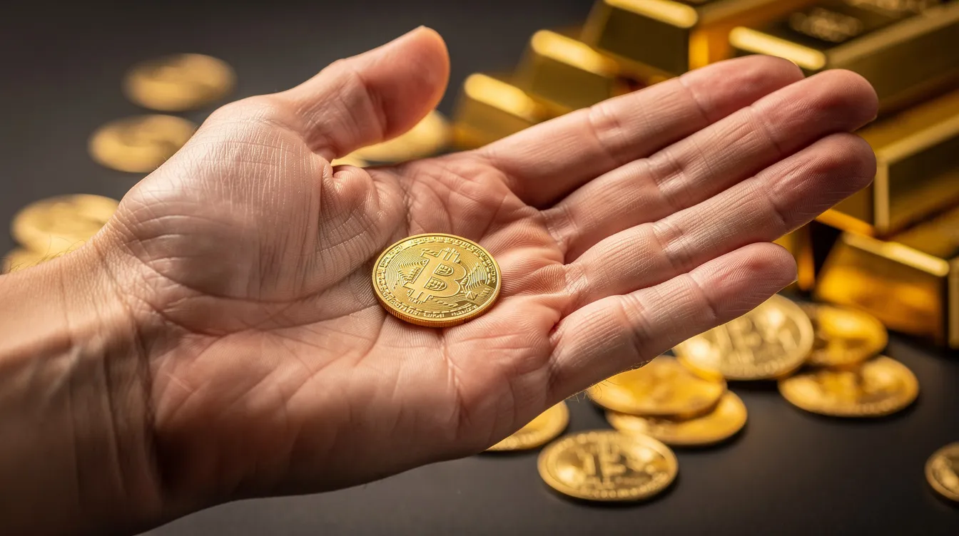Eine Nahaufnahme zeigt eine geöffnete Hand, die eine einzelne Goldmünze hält, während im unscharfen Hintergrund weitere Goldmünzen und goldbarren sichtbar sind. Diese Szene verdeutlicht die Bedeutung von Goldanlagen und die Vielfalt an physischem Gold, das Anleger für ihre Investments in Betracht ziehen können.