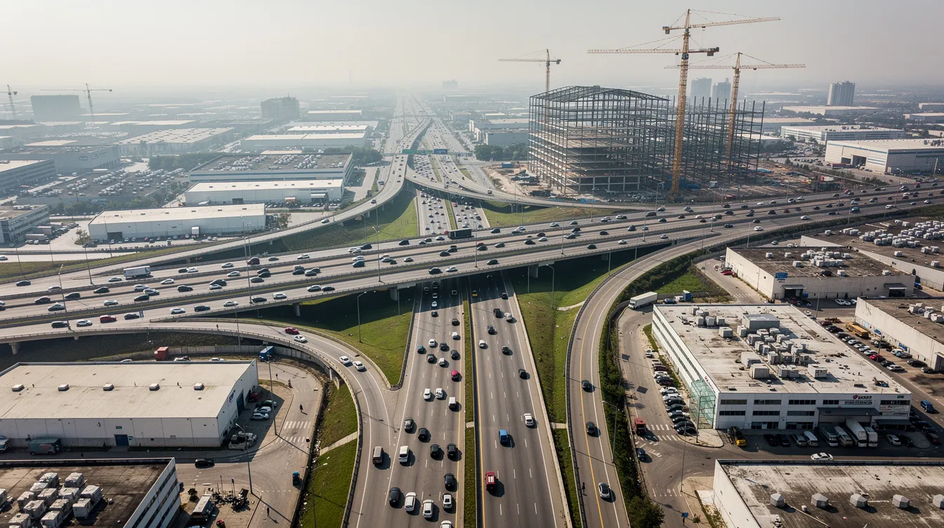 An aerial view showcases a busy highway interchange surrounded by industrial buildings, with construction cranes indicating ongoing and future projects. This scene reflects the activity within the construction industry, highlighting the importance of effective backlog management for contractors and construction firms to deliver quality projects on time.