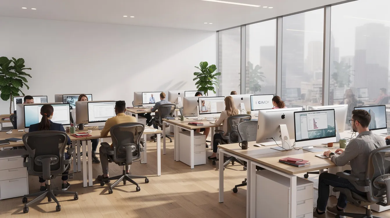 The image depicts a modern office interior featuring floor-to-ceiling windows that allow ample natural light to flood the space, creating a comfortable and well-lit environment for workers at their desks with computer monitors. This design promotes energy efficiency and reduces glare, making it an ideal setting for commercial properties in Indianapolis.
