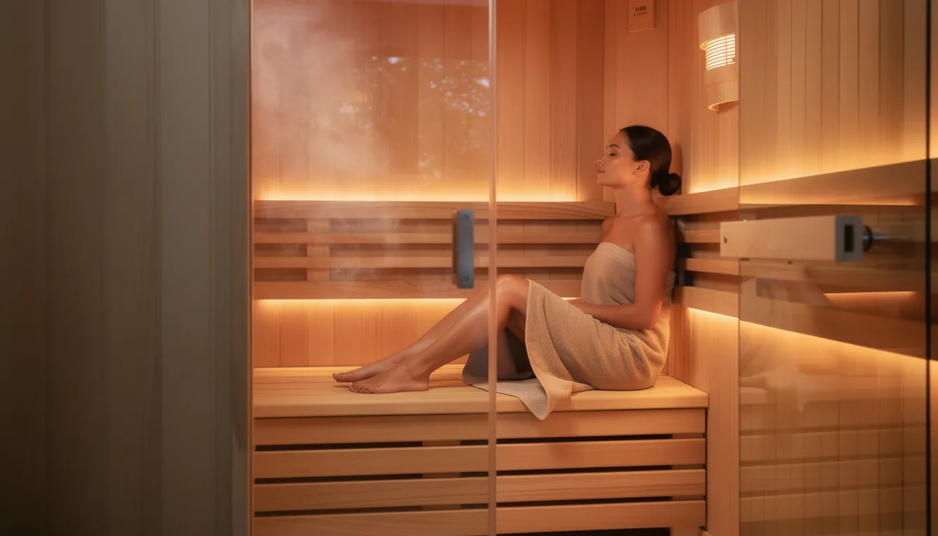 A person sits peacefully inside a modern wooden infrared sauna cabin, illuminated by soft ambient lighting that enhances the calming atmosphere. This serene setting highlights the benefits of infrared sauna therapy, promoting relaxation and improved mental and physical health through gentle heat and infrared light.