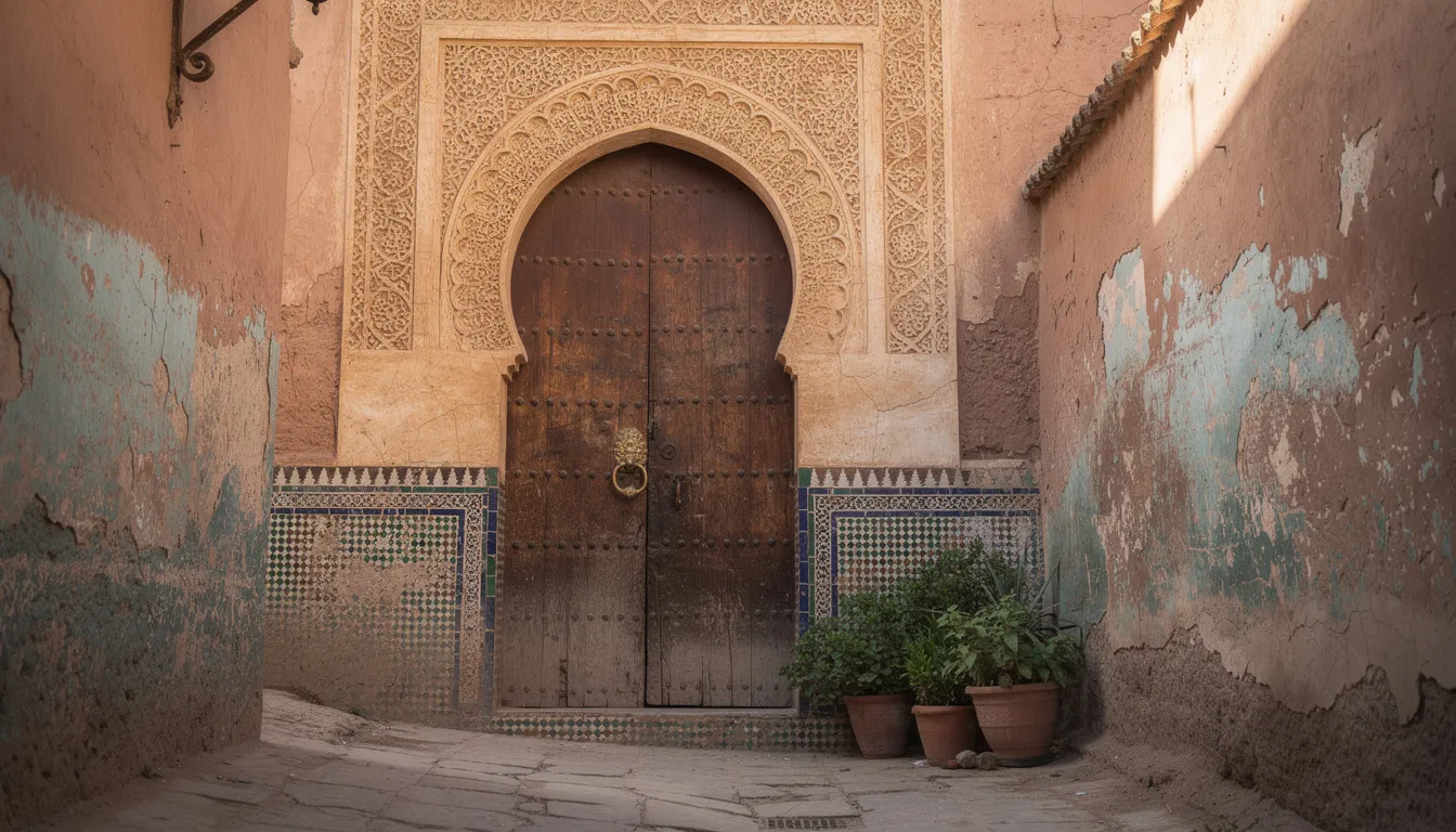 The image depicts a traditional ornate Moroccan doorway in a medina alleyway, showcasing intricate carved geometric patterns on aged wooden doors. This doorway reflects the rich cultural heritage of Marrakech, a city known for its connection to the seven saints of Marrakech and its vibrant history.