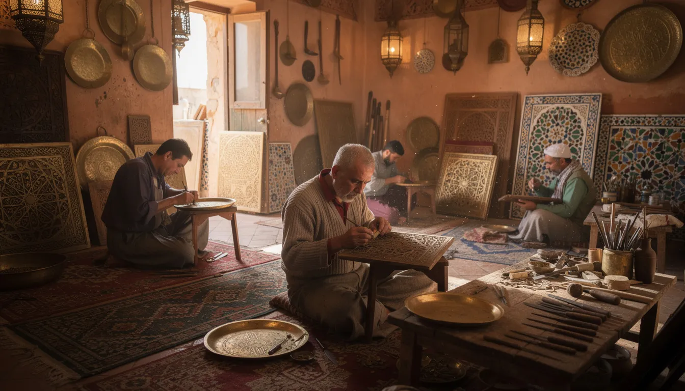 In a traditional workshop in northern Morocco, skilled Moroccan artisans are meticulously crafting intricate designs that reflect the rich heritage of Moroccan culture. Surrounded by tools and materials, they showcase their expertise in traditional crafts, creating beautiful pieces that embody both artistry and the vibrant history of their region.