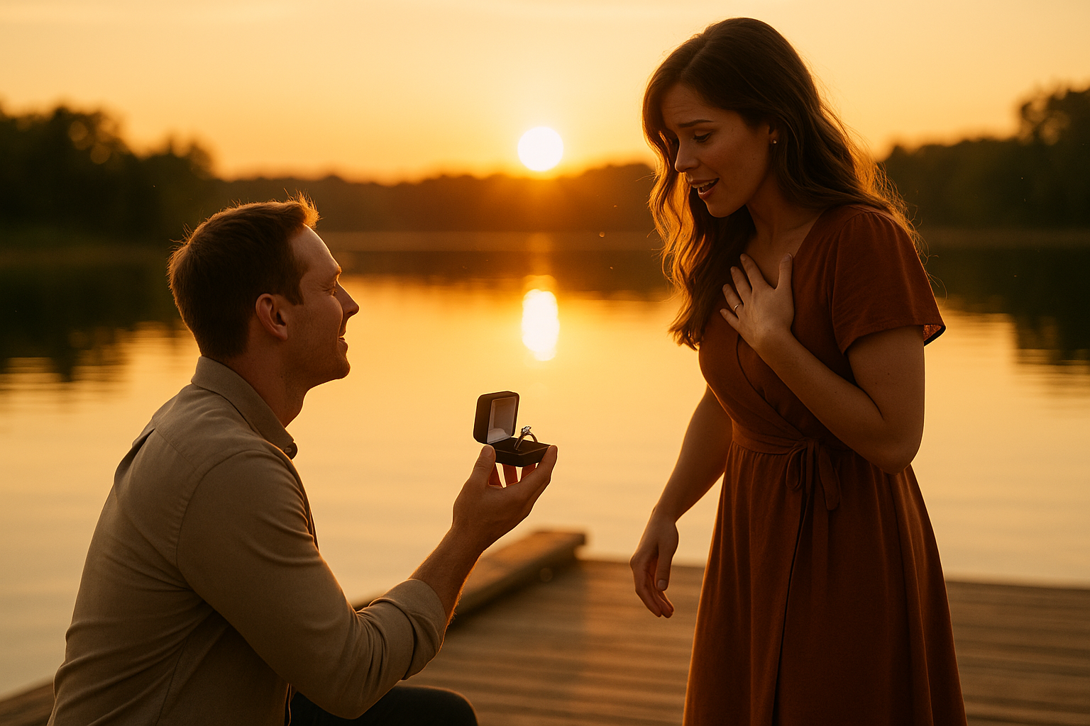 vyras priklaupia prieš moterį ant ežero liepto ar pievos fone, laikydamas atvertą žiedo dėžutę su spindinčiu sužadėtuvių žiedu