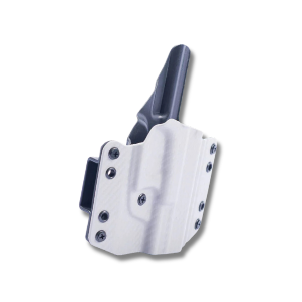 An image showing a durable white Kydex® holster.