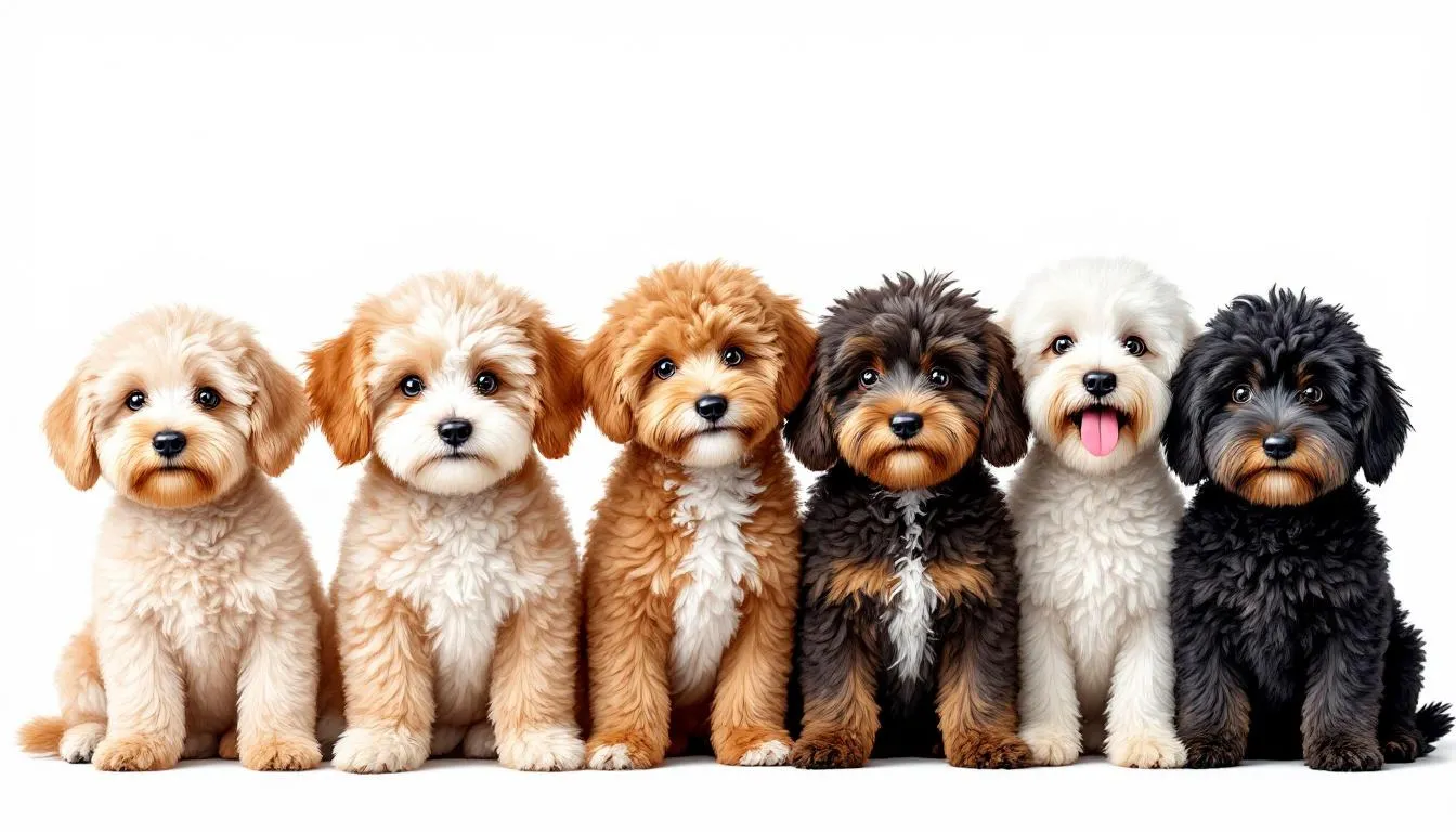 In this image, various miniature doodle dogs are displayed side by side, showcasing different coat types and colors, including curly and wavy textures. These adorable pups, a blend of miniature poodles and other breeds like golden retrievers, exhibit their affectionate nature and unique appearances, making them ideal companions for families and individuals alike.