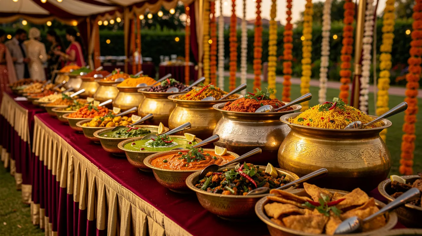 56d2d0b1 1a4a 4b5a ae0c 4d000df1752e The image showcases a vibrant Indian wedding catering setup, featuring traditional brass serving bowls filled with colorful dishes, highlighting the rich culinary heritage. This visually appealing arrangement reflects the growing demand for catering services in the food industry, making it an excellent example for those considering food business ideas from home.