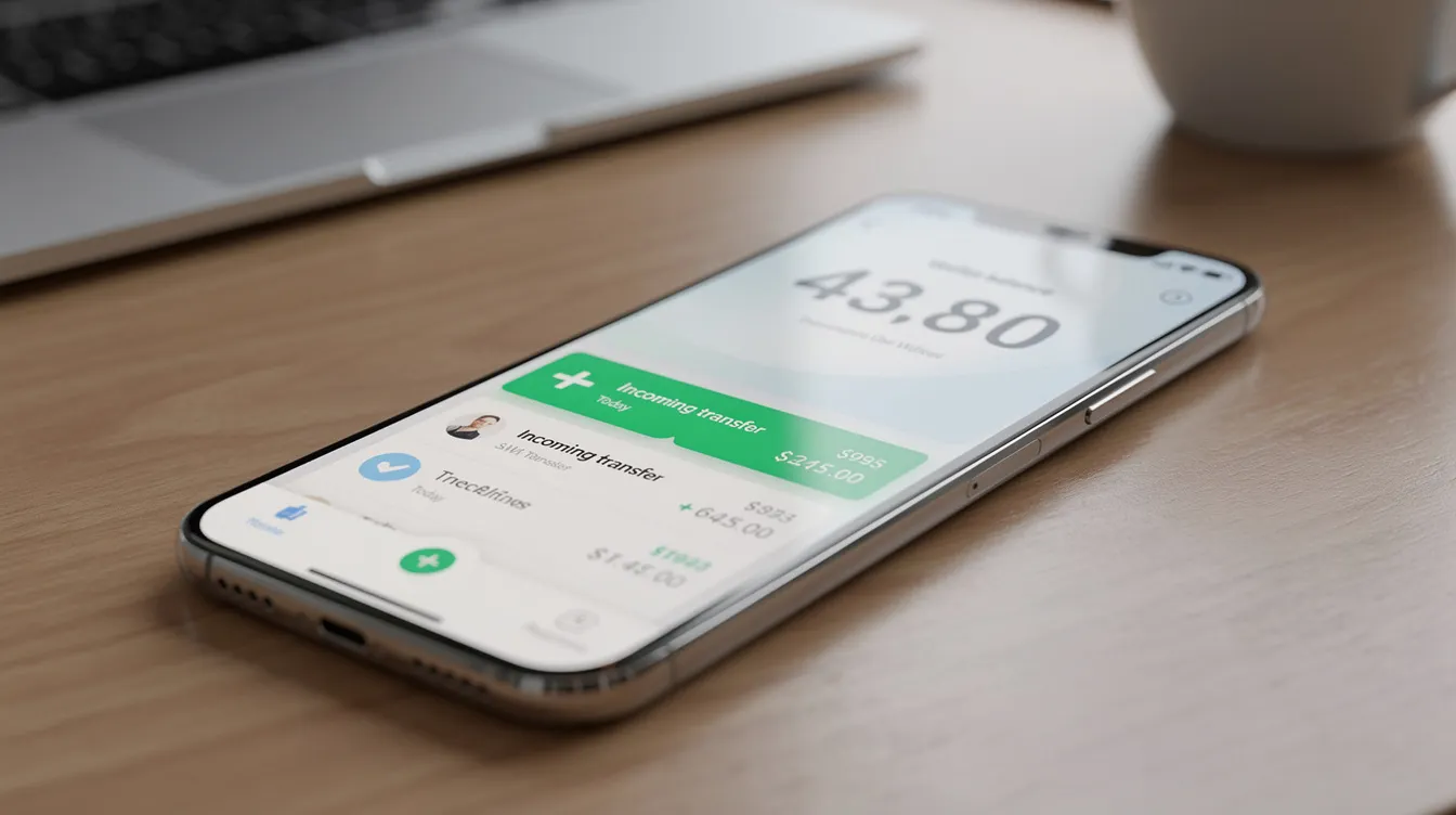 The image displays a smartphone screen showcasing a mobile wallet balance, indicating a recent incoming transfer, which highlights the convenience of online money transfers for receiving international payments. This digital wallet interface emphasizes the ease of sending money to Pakistan and managing funds securely through mobile banking.