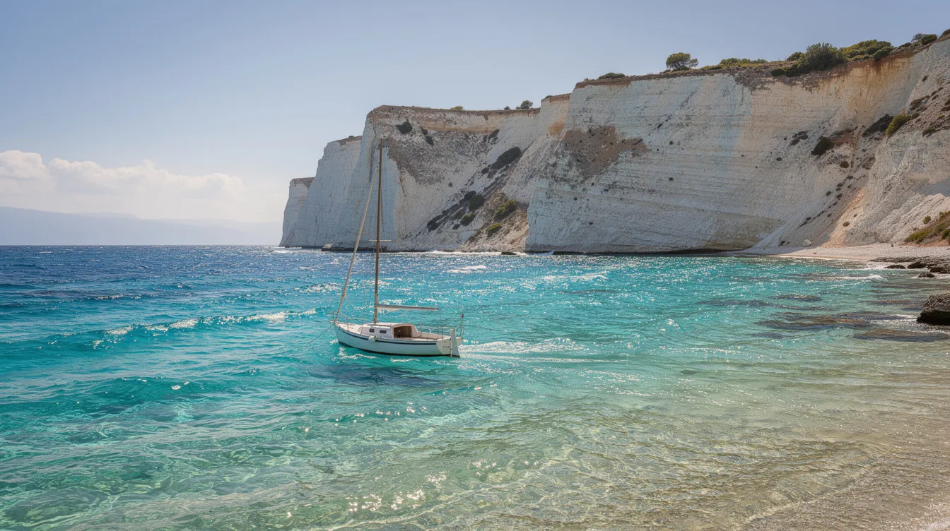 Um barco navega em águas cristalinas, com falésias brancas majestosas ao fundo, retratando a beleza da ilha de Zakynthos. Essa cena captura a essência dos passeios de barco que exploram as deslumbrantes praias e grutas azuis da região.