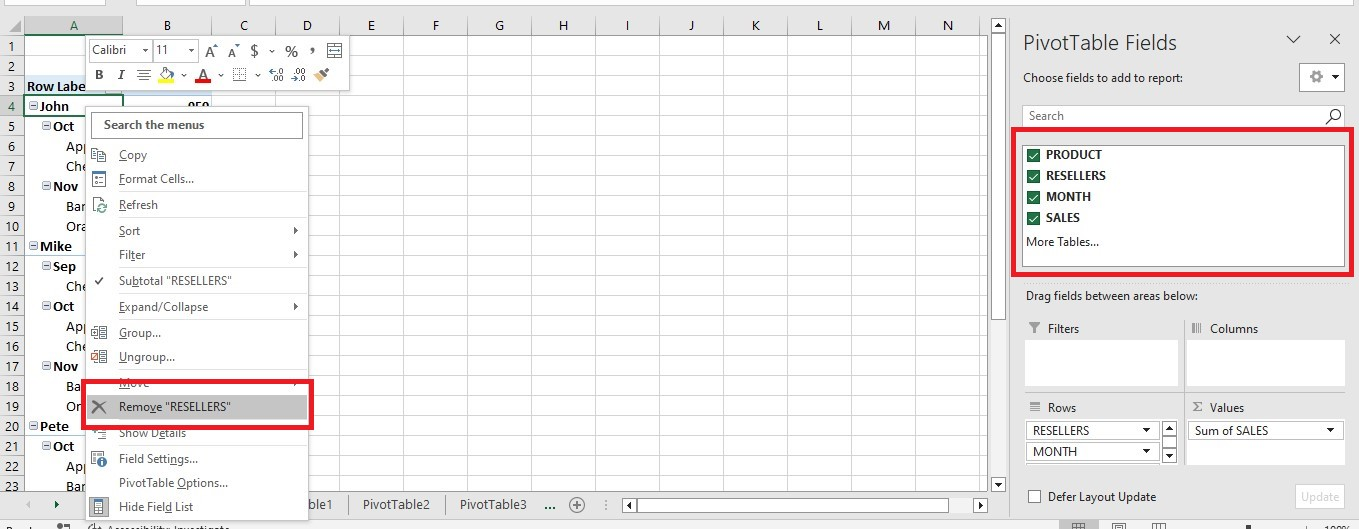 Removing a field from the Pivot Table