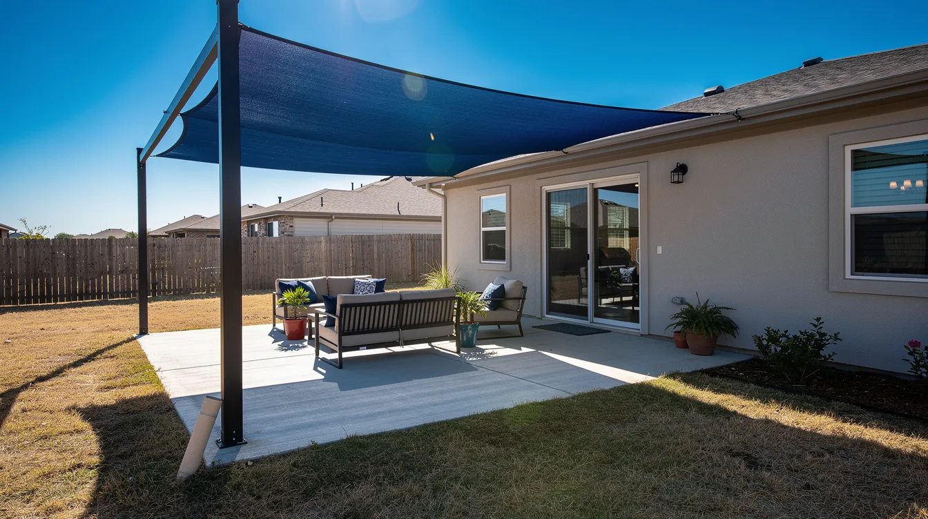 A photorealistic image of a modern residential patio in Oklahoma City, bathed in intense summer sunlight, features a heavy-duty canvas awning casting cool, dark blue shade over the area. The clear blue sky and subtle lens flare enhance the outdoor environment, showcasing a perfect solution for enjoying the sun while staying cool.