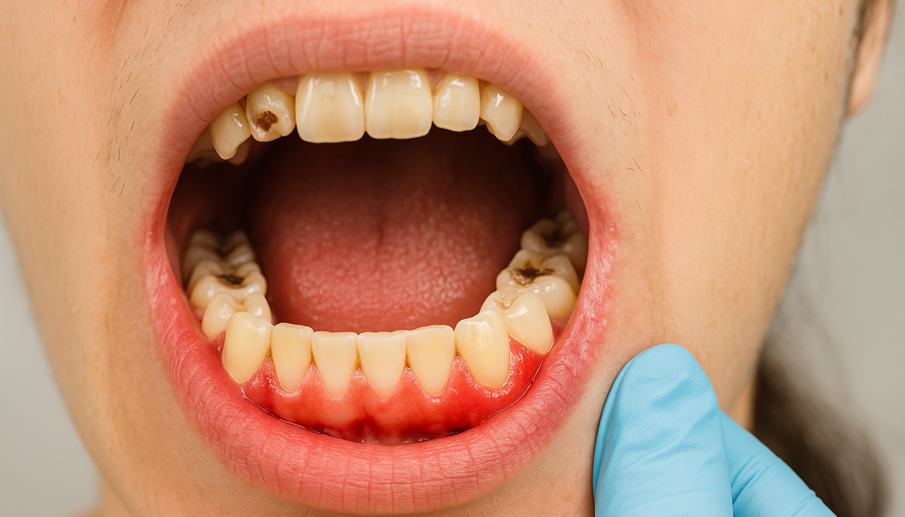 Tannlege undersøker tenner hos ung jente med speil under rutinemessig kontroll i lys tannklinikk.