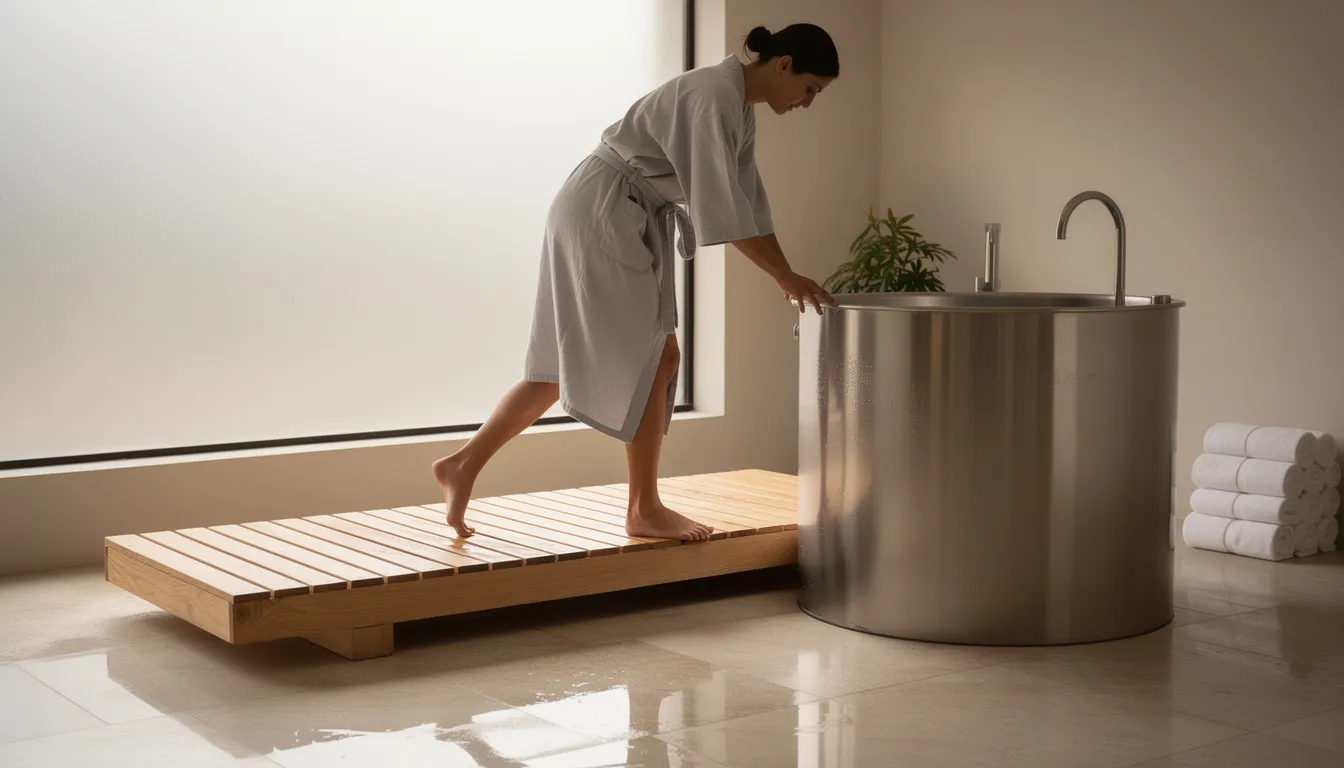 A person is carefully stepping onto a wide wooden platform beside a stainless steel cold plunge tub in a serene home spa setting, emphasizing safety and accessibility design for cold water immersion. The scene suggests a focus on the health benefits of cold plunging, such as muscle recovery and improved blood flow.