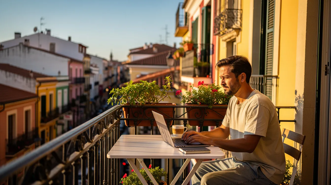 A remote worker is sitting on a sunny balcony in a vibrant Spanish city, using a laptop to manage their tasks. The scene captures the essence of the digital nomad lifestyle, highlighting the appeal of working while enjoying the warm weather and picturesque surroundings of Spain.