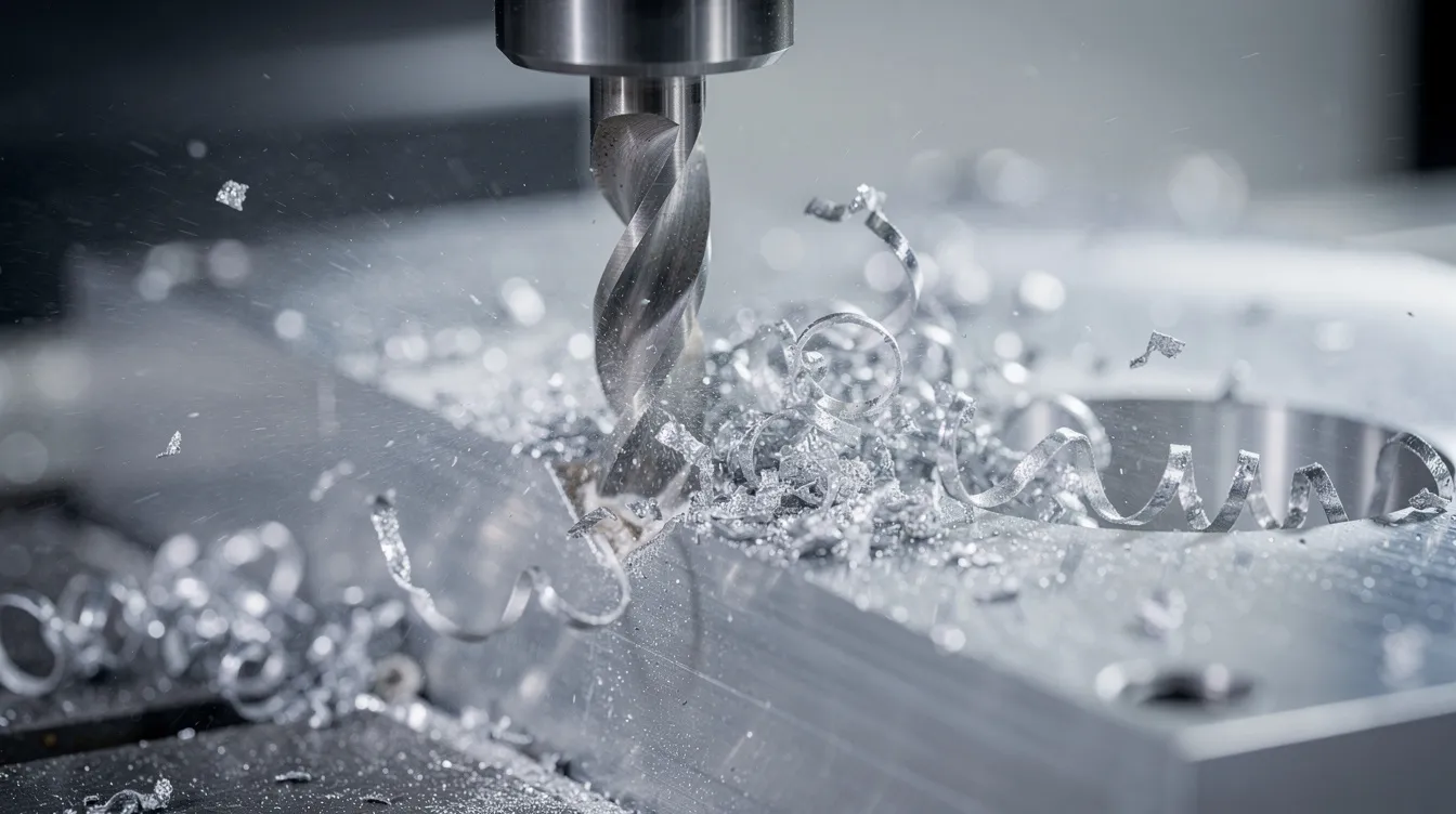 A close-up view of a CNC milling machine is shown, actively removing metal chips from an aluminum workpiece in a modern workshop. The image highlights the precision of CNC technology and the machining process involved in shaping materials using cutting tools.