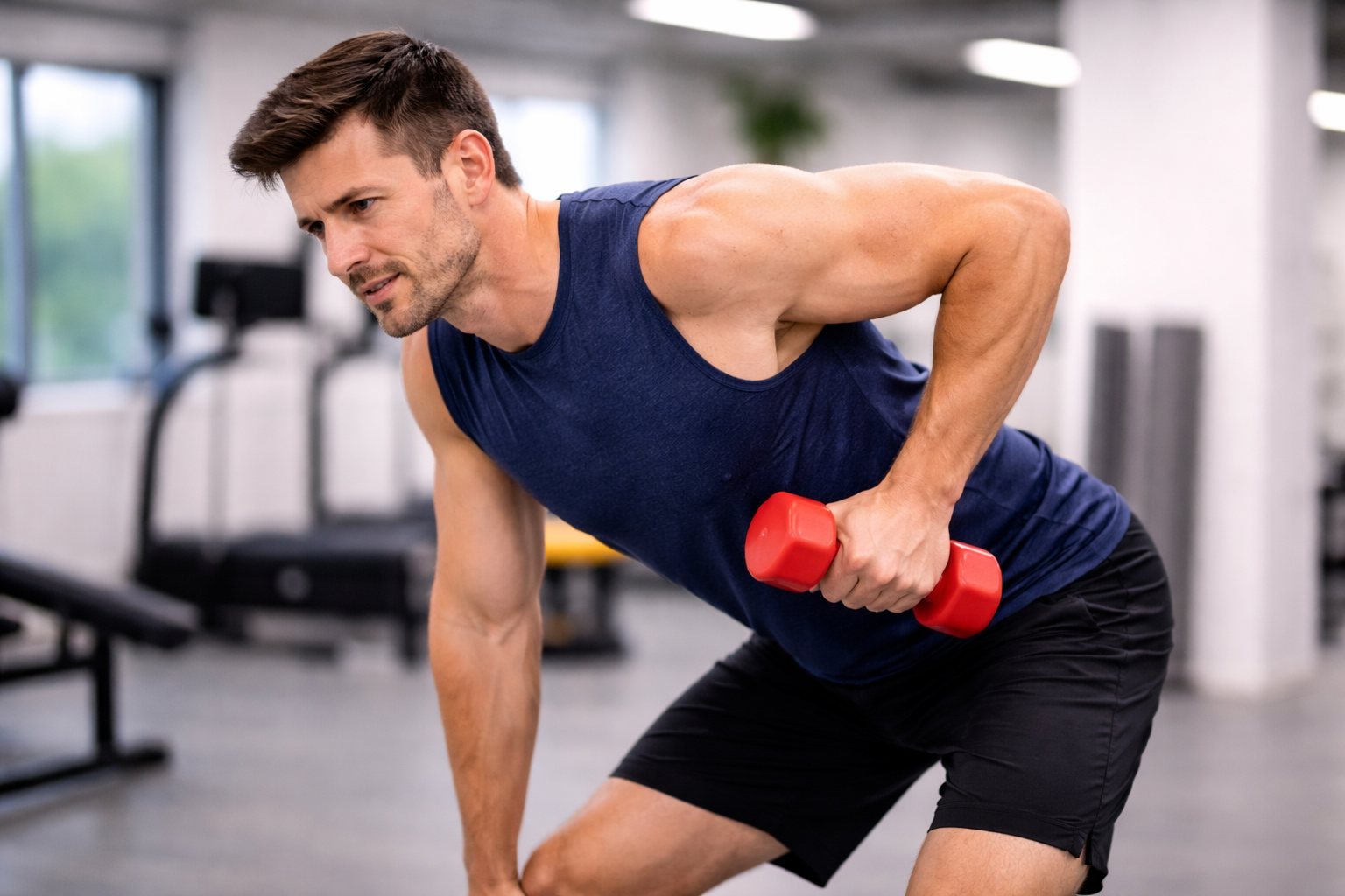 Man experiencing shoulder discomfort while performing a dumbbell row exercise in the gym