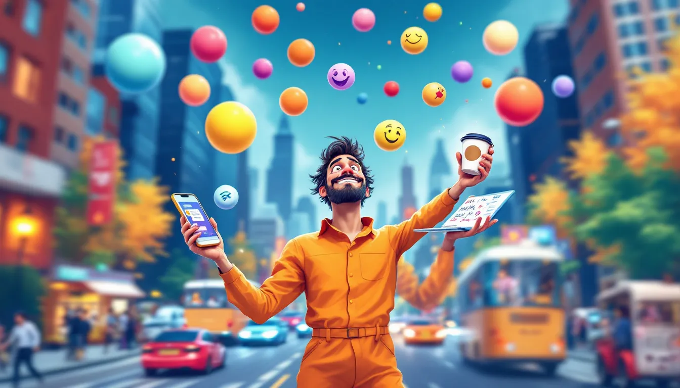 An illustration of a person juggling multiple tasks, representing task switching.