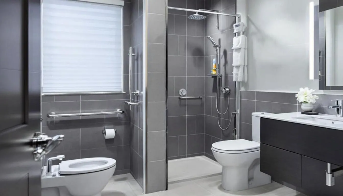 Modern handicap accessible bathroom featuring grab bars, a walk-in shower, and a toilet, designed for safety and independence for individuals with mobility challenges.