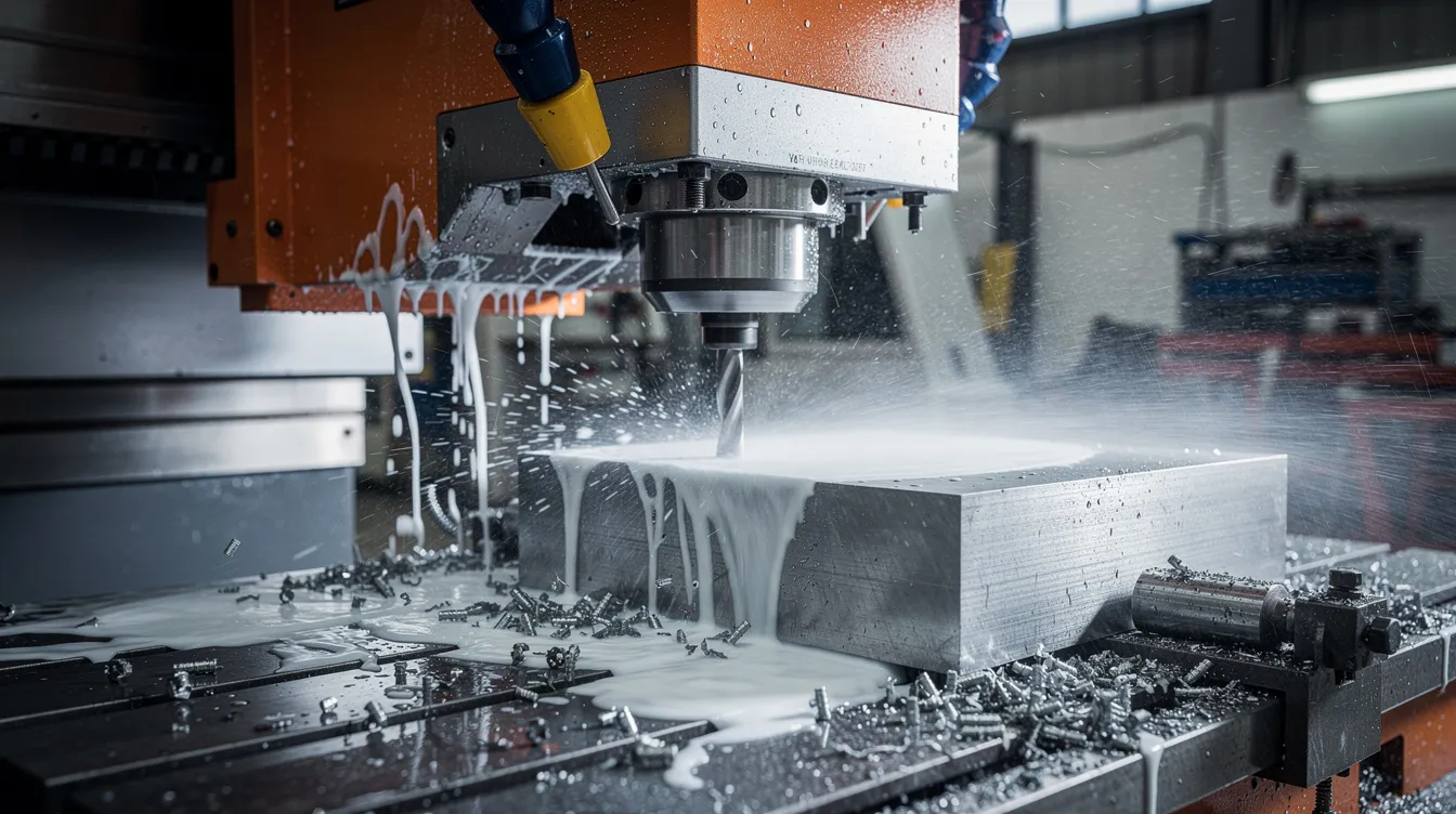 The image depicts a CNC milling machine actively cutting a steel workpiece, with a visible coolant spray enhancing the machining process. This scene highlights the precision required in steel production, emphasizing the importance of achieving exact dimensions and a smooth finish for high-quality cold rolled steel products.