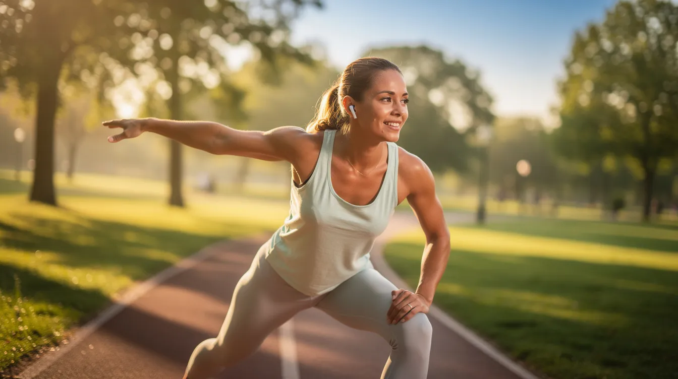 A woman is exercising outdoors on a sunny morning, exuding an energized and calm demeanor, which reflects a positive approach to managing her mental health and well-being. This scene highlights the importance of physical activity in coping with bipolar disorder symptoms and promoting overall mental health.