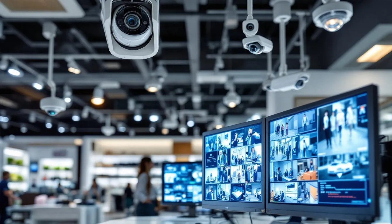 The image showcases modern retail security technology, featuring advanced cameras, sensors, and monitoring equipment designed to combat the rising retail theft landscape. This technology plays a crucial role in protecting store associates and enhancing the safety of retail environments, addressing the complex challenges posed by organized retail crime and shoplifting incidents.