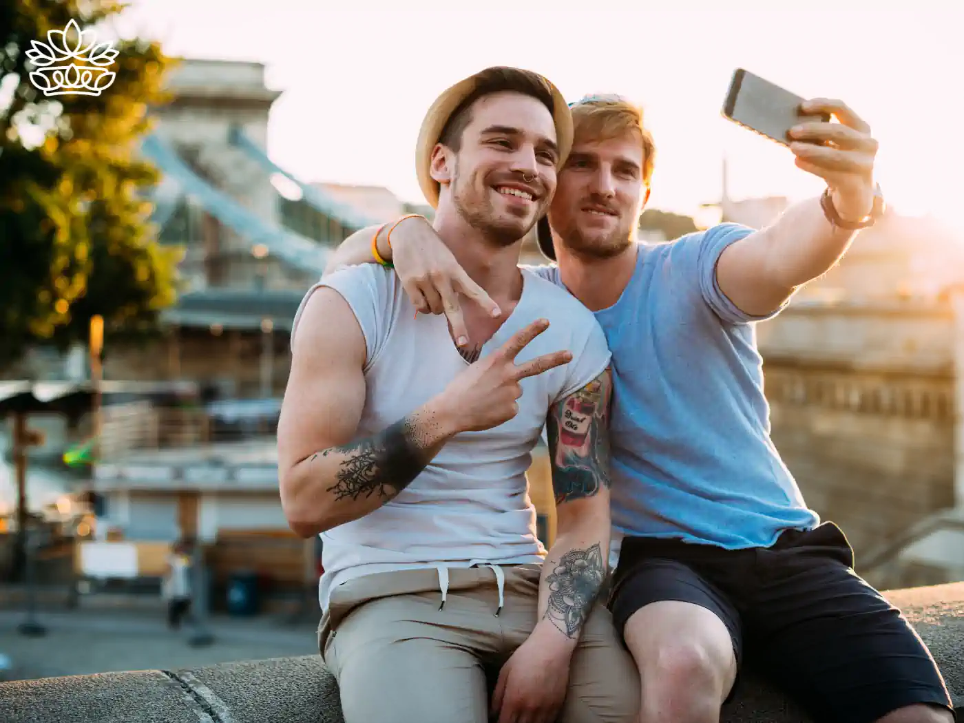 Two men taking a selfie, enjoying a sunny day outdoors, depicting happiness and love. Fabulous Flowers and Gifts - Pride Collection.