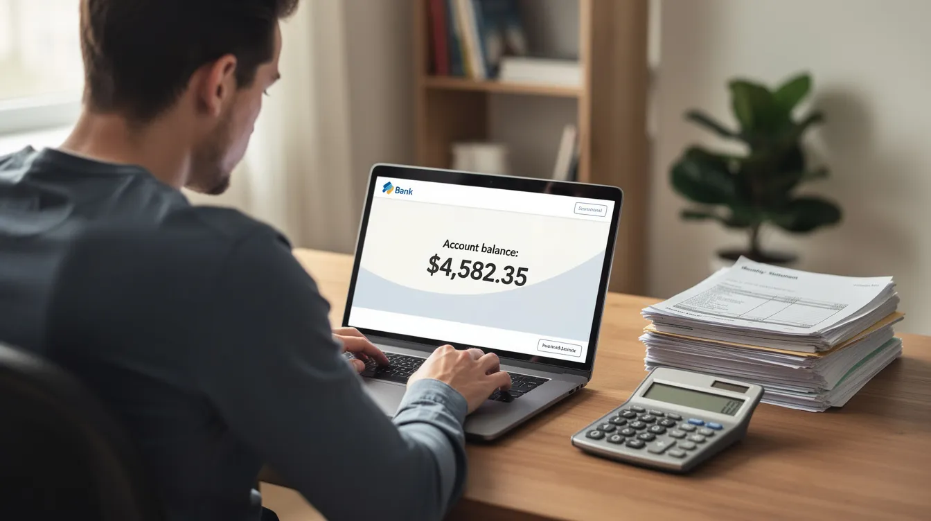 A person is seated at a desk, intently looking at a laptop screen that displays their bank account balance, surrounded by documents and a calculator. This scene reflects the individual's engagement with their financial situation, possibly considering options for debt restructuring or managing their financial obligations.