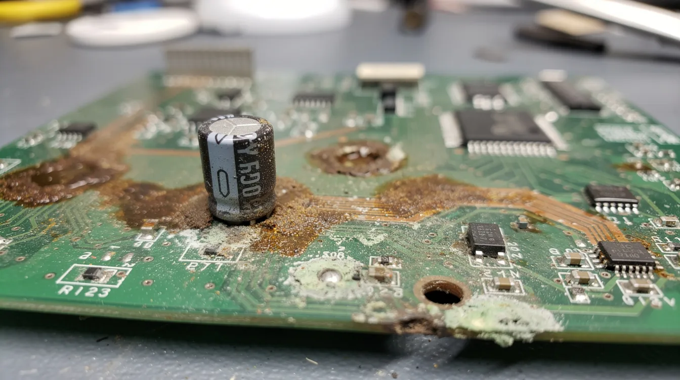 The image shows a corroded green circuit board with visible damage and brown residue from capacitor leakage, highlighting issues that can arise in retro consoles. This deterioration is common in older game consoles, and it often necessitates capacitor replacement and console repair to restore functionality.
