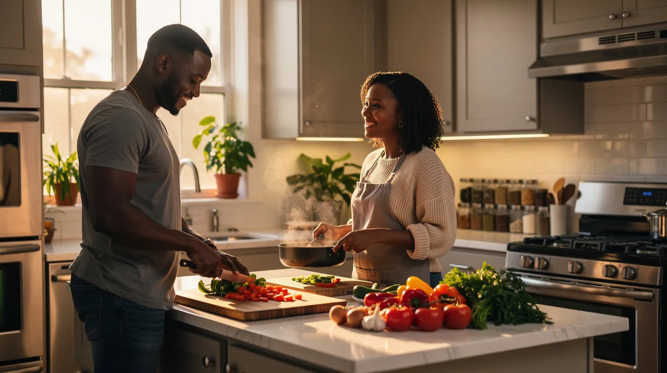 A black couple is happily cooking together in their kitchen, showcasing a warm and inviting atmosphere that reflects their romantic relationship. Their collaboration in the kitchen symbolizes equality and partnership, breaking traditional gender roles while enjoying each other's company.
