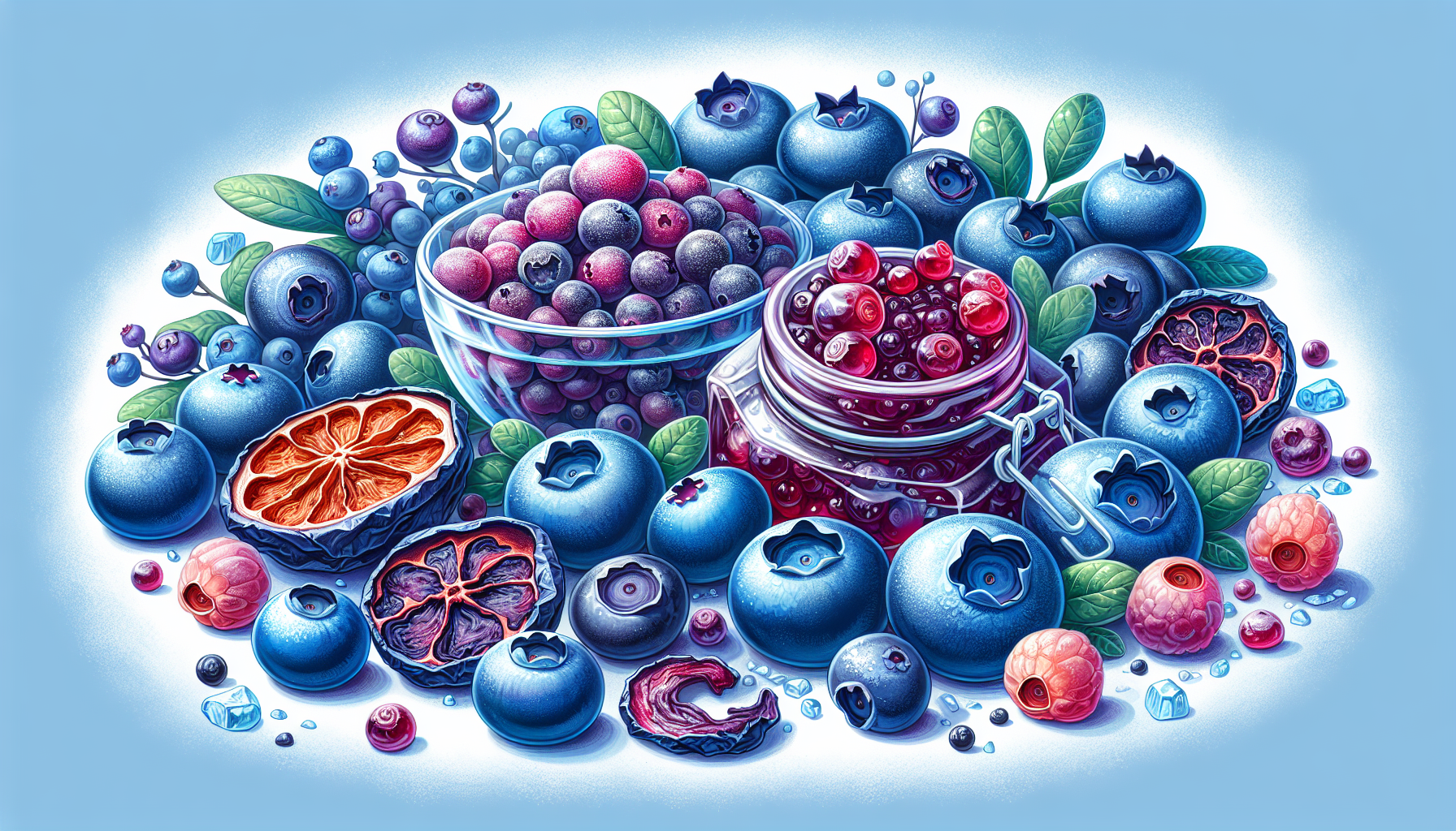 A variety of fresh and frozen blueberries