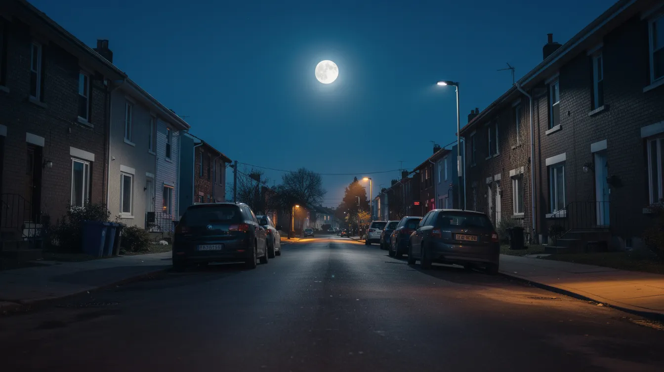 De afbeelding toont een rustige straat onder een heldere maan in de avond, waarbij de stilte van de nacht wordt benadrukt. De maan verlicht zachtjes de omgeving, wat een serene sfeer creëert in deze post meridiem setting.