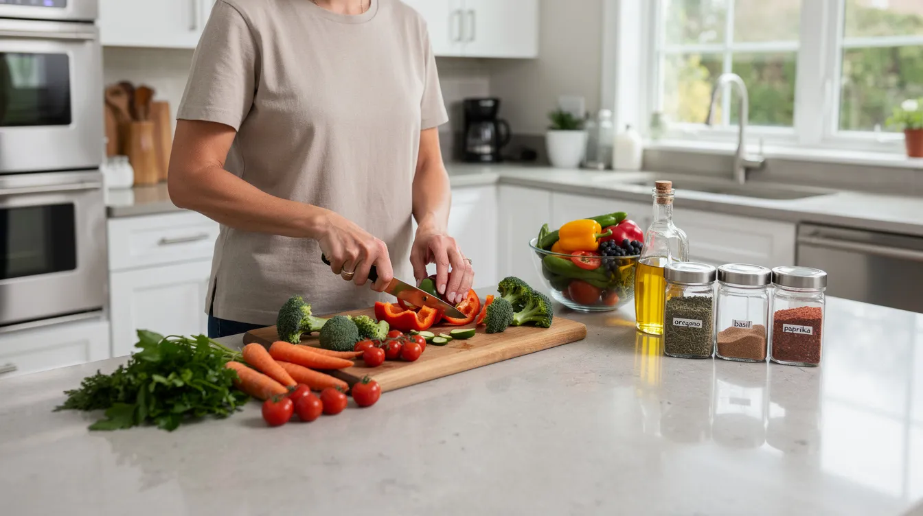 A person is actively preparing a healthy meal rich in vegetables in a modern kitchen, emphasizing the importance of lifestyle choices that promote longevity and support cognitive function. This meal preparation reflects a commitment to maintaining muscle mass and addressing biological aging through nutritious ingredients.
